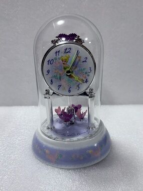 Vintage Tinker Bell Anniversary Clock Purple Floral Fairy Collectible Glass Dome